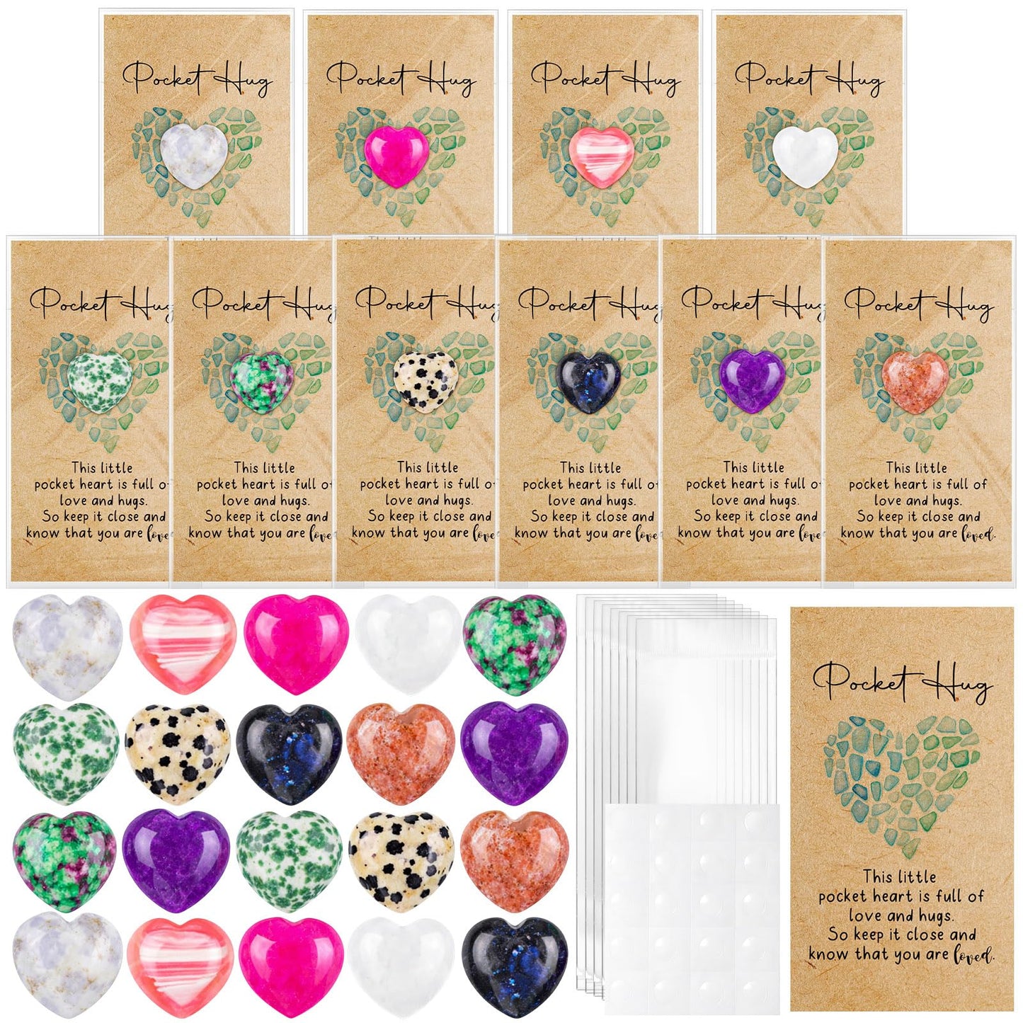 Nosiny 30 Sets Heart Stones Bulk Mother's Day Gift for Women Pocket Hug Token 0.8'' Natural Heart Crystals and Healing Stones with Card Employee Coworker Volunteer Nurse Graduation Meditation Gift