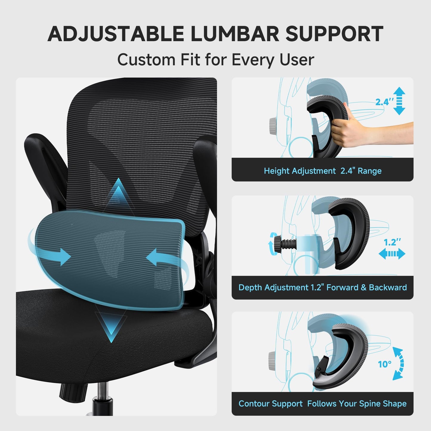 PKPT Ergonomic Office Chair, 330LBS Desk Chair with 3-Level Lumbar Support & Headrest, Breathable Mesh Backrest, Flip-Up Armrests for Home Office and Gaming, Black