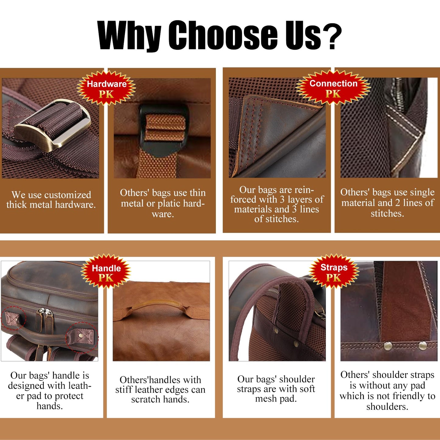 Masa Kawa Brown Leather Laptop Backpack for Men Fits 16” 15.6” Computer, Vintage Business Travel Work Large Daypack Weekender Bag Camping Rucksack