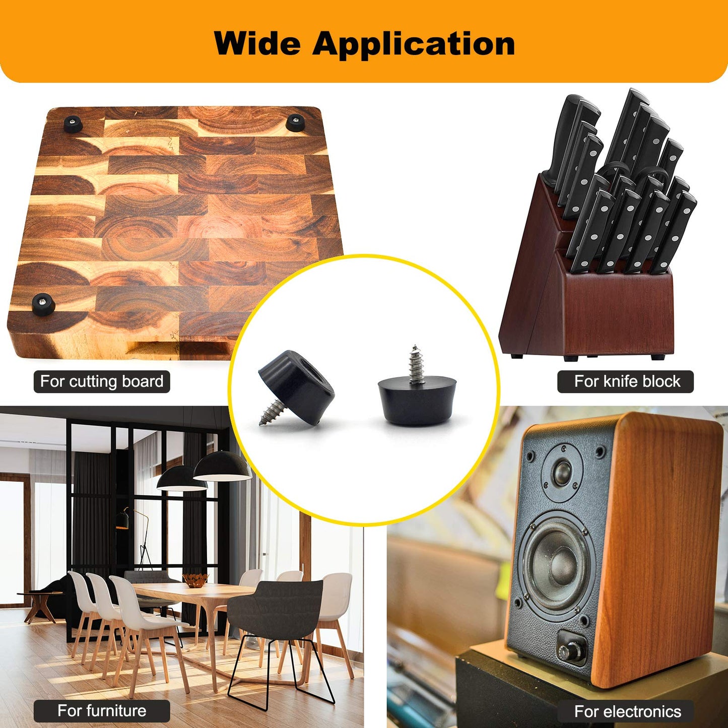 Rubber Feet for Cutting Board with Stainless Screws, 12 Pieces Non Slip Rubber Bumper Feet for Electronics 13/16" W x 3/8"" H"