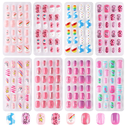 Jsiallye 192Pc short Press on Nails for Kids,8 Packs Children Stick on Nails Fake Nails for Kid,Pre-glue Full Cover Colorful Unicorn Flamingo Cloud Patterns 7-12 Years Old