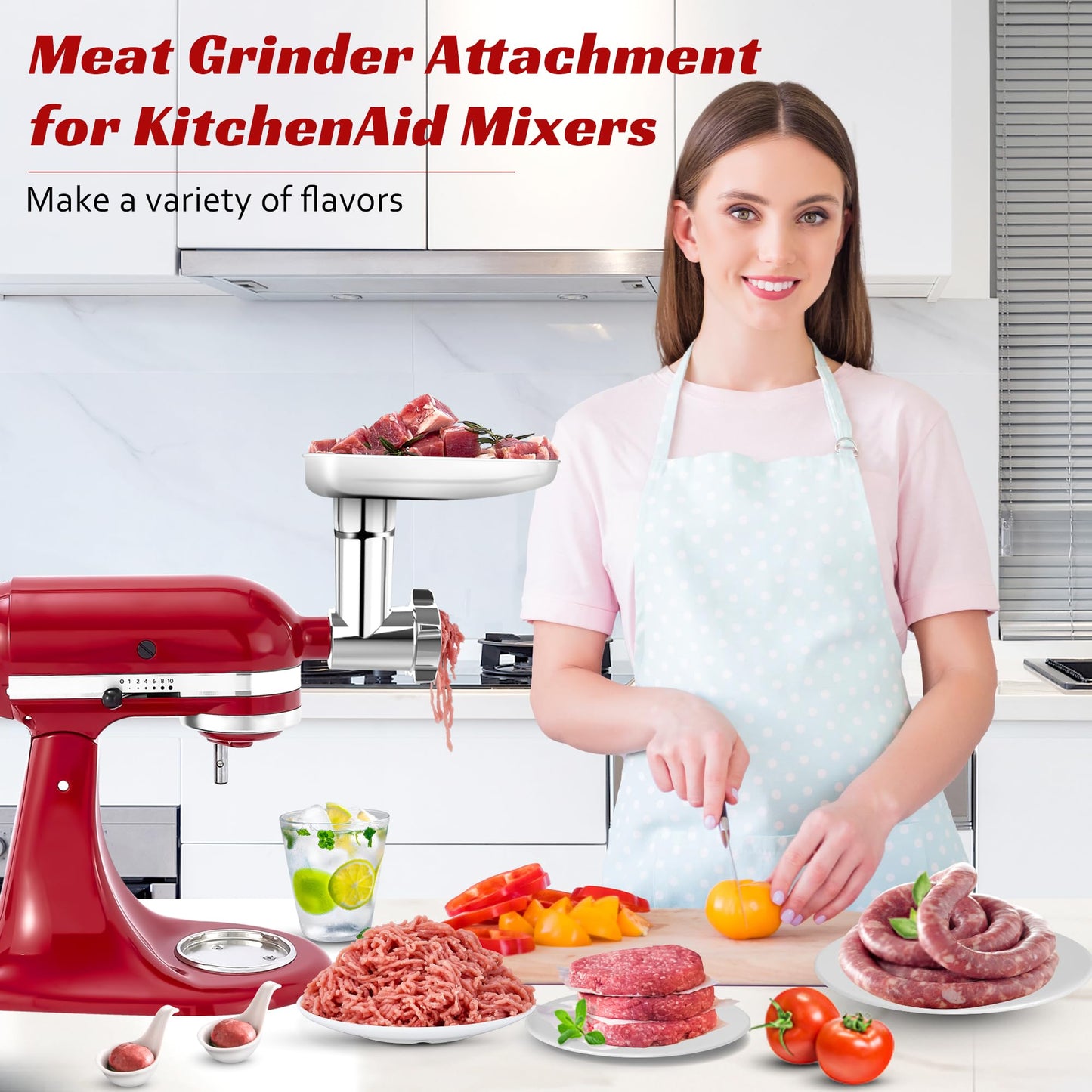 100% Polished Stainless Steel Meat Grinder Attachment for KitchenAid Mixer, Dishwasher Safe, Uncoated Meat Grinder Attachment Anti-Oxidation, Seamless Sausage Stuffer, Thickening Grinding Plate, 18PCS