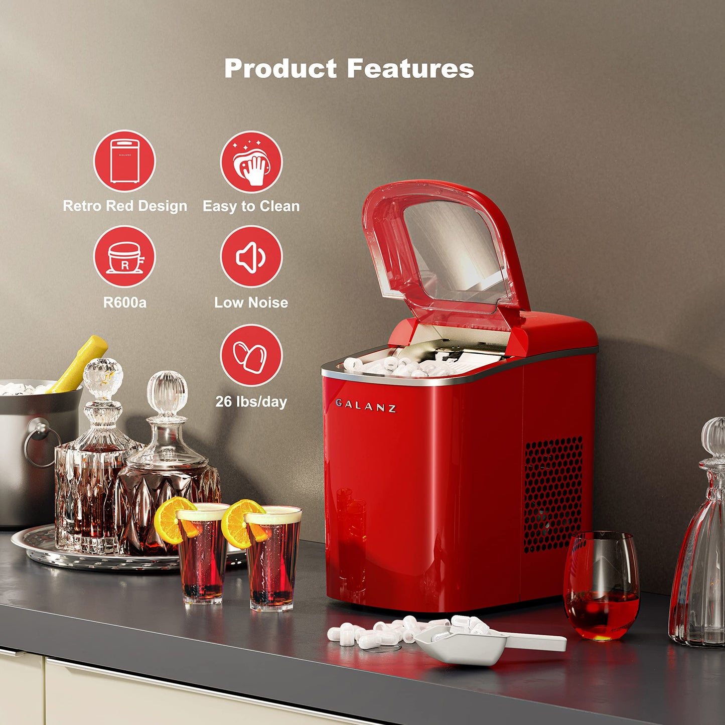 Galanz GLCI26SRA3A Portable Countertop Electric Ice Maker Machine 26 lbs in 24 Hours, 9 Bullet Shaped Cubes Ready in 9 Minutes, 2 Ice Sizes, Perfect for Parties & Home Bar, 2.1 L, Silver