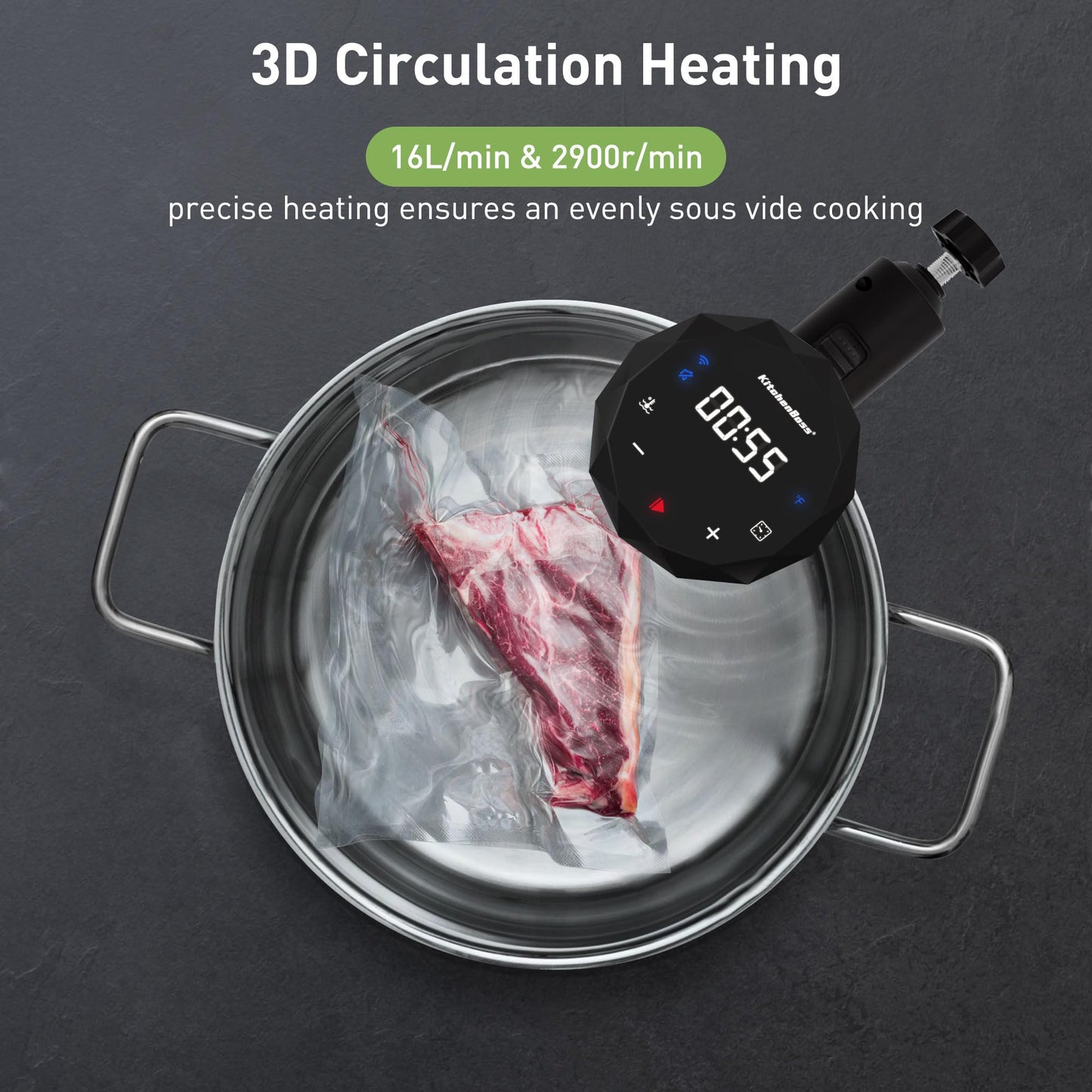 KitchenBoss Wifi Sous Vide Cooker: Ultra-quiet Sous Vide Machine Immersion Circulator APP Control, IPX7 Waterproof All-stainless Steel 1100W Sous Vide Precision Cooker Fast-Heating, Carbon Black