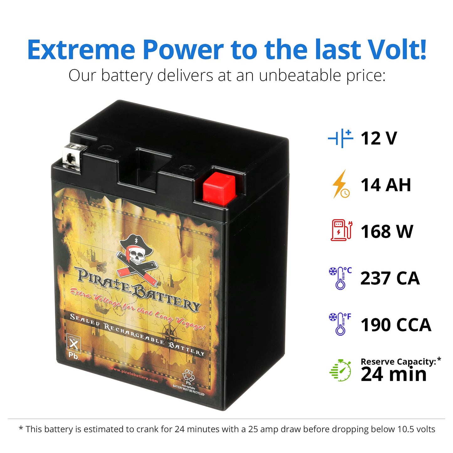 Pirate Battery YB14L-A2 12V 190 CCA AGM – Maintenance-Free 14 Ah Battery for ATV, Motorcycle, Scooter, UTV, Snowmobile – T3 Nut & Bolt Terminal – Fits Polaris Sportsman 90, Honda Spree NQ50