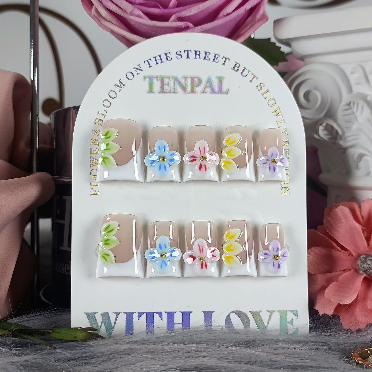 TENPAL Handmade Duckbill Press on Nails Kits with Tools- White French Tips Fake Nails with 3D Embossed Florals, Glossy Acrylic Soft Gel Removable False Nails for Women Daily Wear(L)