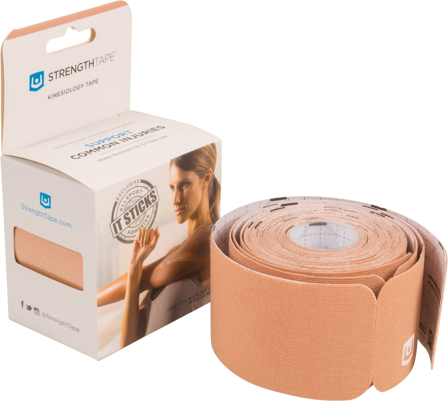 StrengthTape Kinesiology Tape - 16.4' (5m) Roll of 10" Precut Strips - Beige"