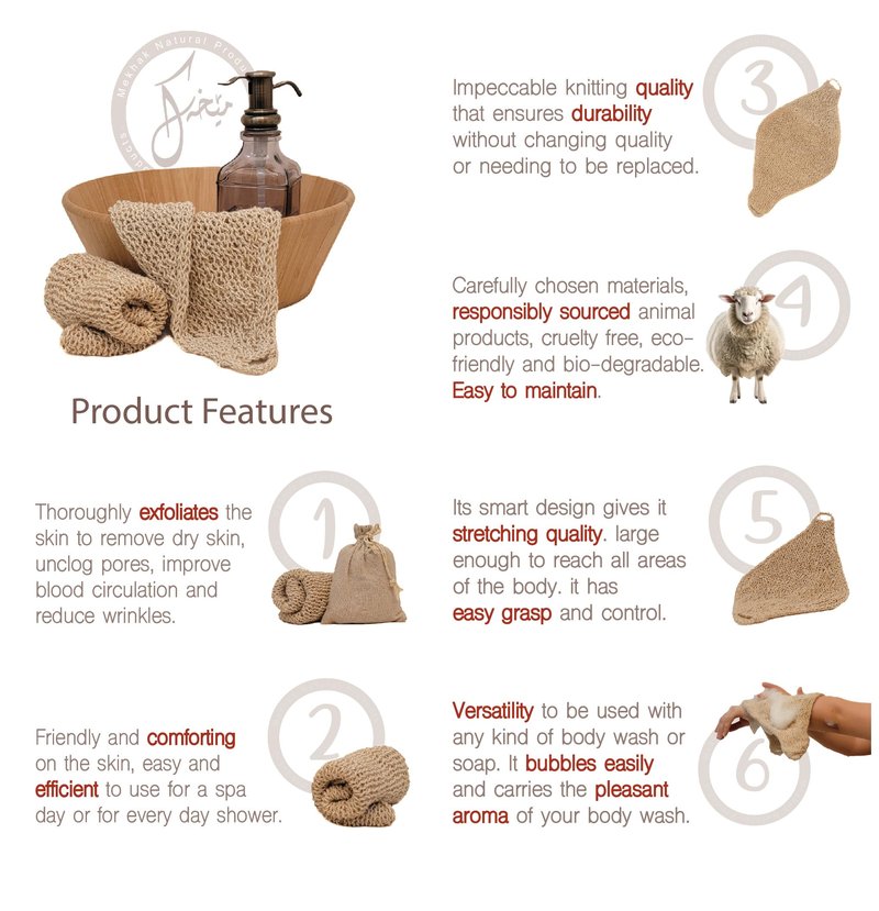 Natural Loofah Exfoliating Body Scrubber, Handmade Durable Wash Cloth, Back Scrubber with Handles for Bath and Shower, Deep Clean, Skin Care, Kurdish Loofah, Bath Accessories