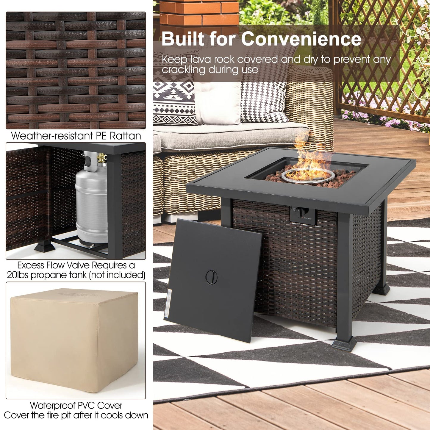 Tangkula 50,000 BTU Propane Fire Pit Table, Patiojoy 32 Inch Wicker Gas Fire Pit with Removable Lid and Lava Stone, Outdoor Square Rattan Fire Table with PVC Cover, Mix Brown
