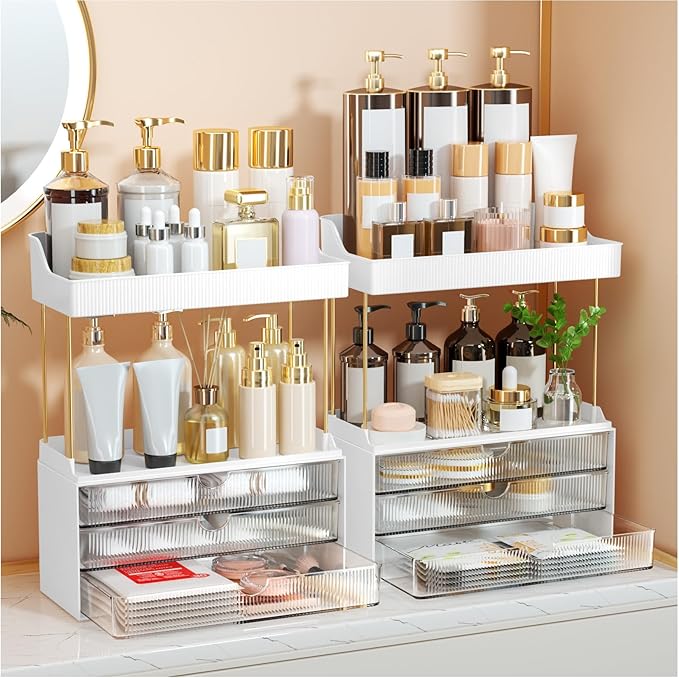 2 Sets Makeup Organizer Ã¢ÂÂ 5 Tier Bathroom Organizers and Storage, Versatile Perfume Vanity Organizer, Ideal for Cosmetic, Large Skincare, Face Mask, Office Supplies, Clear