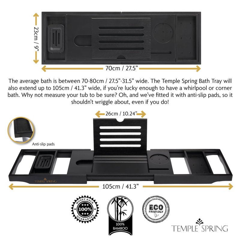 Temple Spring Bamboo Bathtub Tray Caddy for Tub — Expandable Wood Bath Tray with Solid Book Stand Wine Holder and Non-Slip Pads — Includes Bamboo Soap Dish and Spa Accessories — Luxury Bath Gift Set