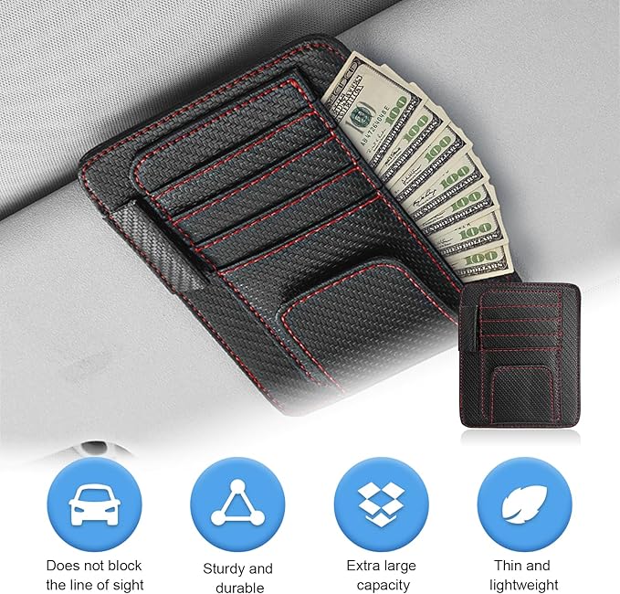 Augeny 2 PCS Car Sun Visor Organizer, Auto Visor Organizer and Storage, Registration and Document Holder, Vehicle Accessories for Sunglasses Document Card Pen Driver License (Carbon Fiber Red Line)