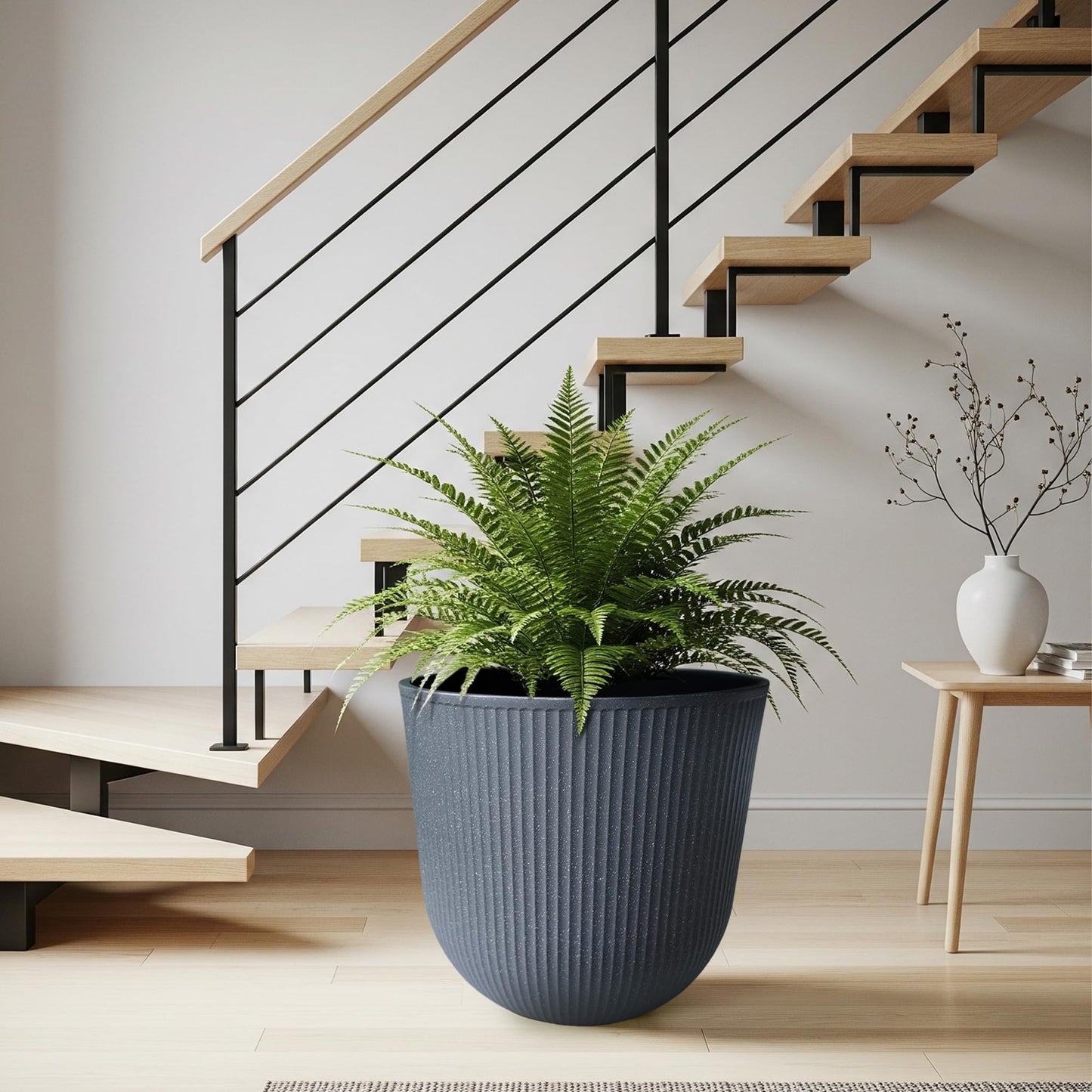 WORTH Garden Round Large Planter Pot 1-Pack - 17.5" Dia x 15.5" H - Durable Plastic Grey Plant Tree Pots with Vertical Stripe Textured Finish, Drainage Hole for Indoor, Outdoor, Front Porch, Patio