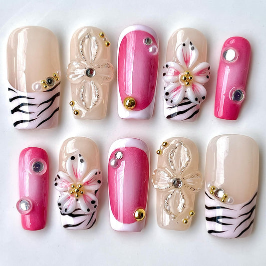 Handmade Press On Nails Short-Medium Square Bold Pink Zebra Stripes & 3D Floral | Glitter Flowers With Gold Accent | Reusable Acrylic Fake Nails for Parties & Daily (Pink Zebra, S)