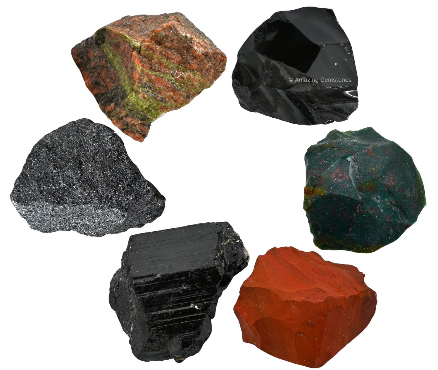 Amazing Gemstone Crystals for Health Manifestation, Set of 6 Red Jasper, Black Obsidian, Black Tourmaline, Bloodstone, Hematite and Unakite Healing Crystals and Stones