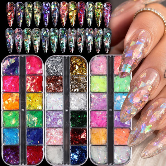 Iridescent Sequins Nail Glitter Flakes 36 Colors Holographic Mermaid Glass Paper Nail Sequins Colorful Fluorescent Irregular Ice Slag Nail Art Decoration DIY Confetti Flakes for Nails Art Designs