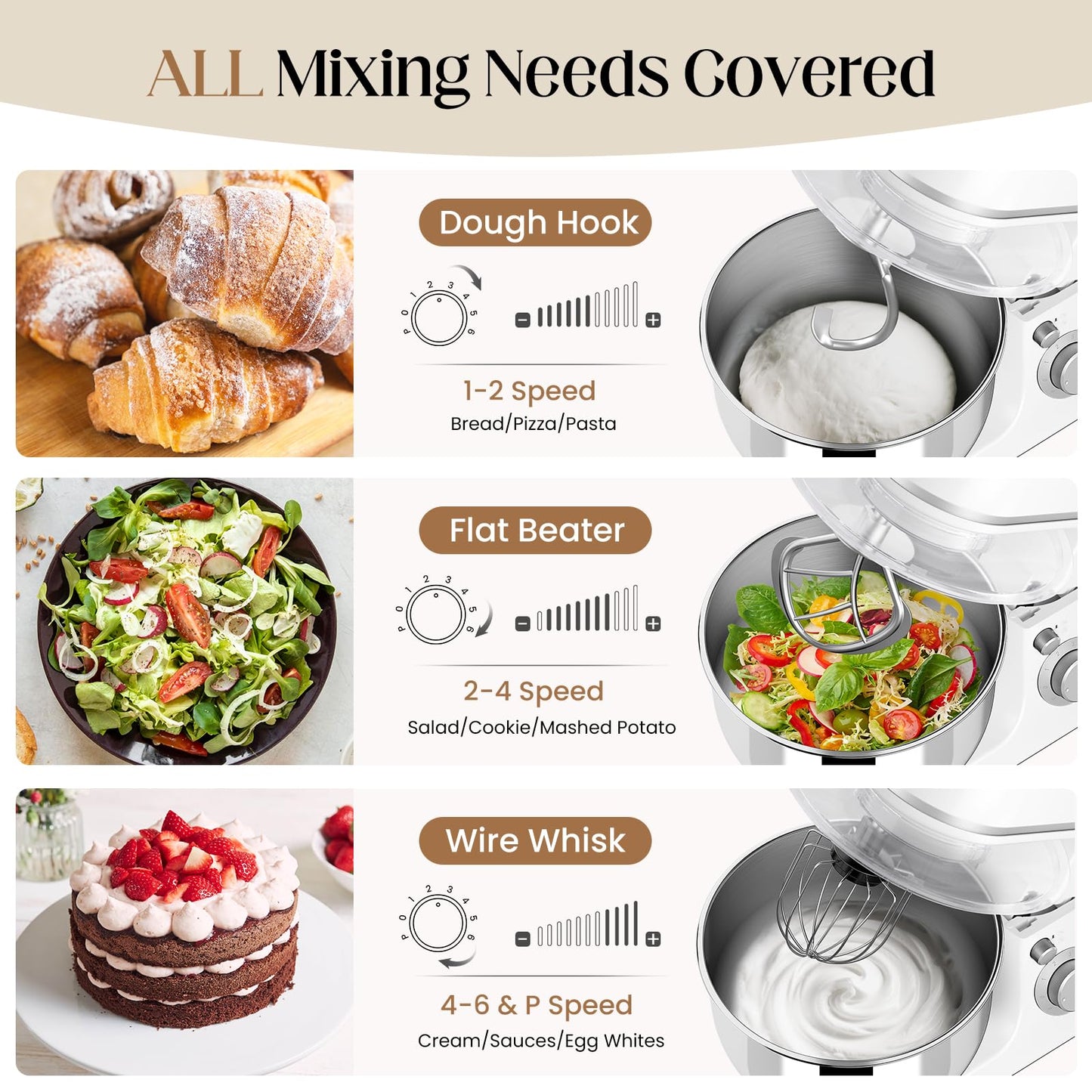 800W Stand Mixer with 5.3QT Bowl, 6-Speed with Pulse Electric Kitchen Mixer, Food Mixer with Dough Hook, Whisk, Beater Tilt-Head & Non-Slip Base for Cookie, Cake, Bread & Baking-White
