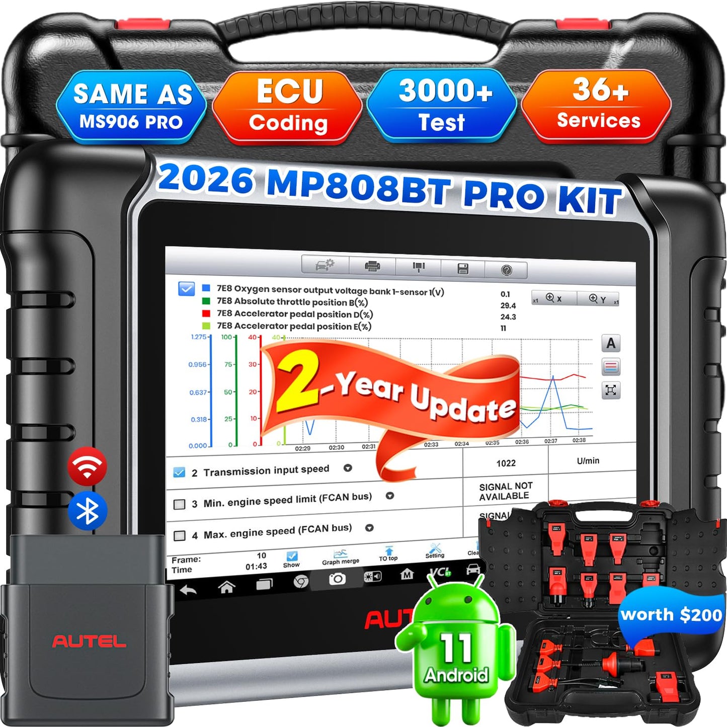 2026 Autel Scanner MaxiPRO MP808BT PRO KIT, 2 Years Update with 11PCS OBD Adapters, Function as MaxiSYS MS906 PRO MS906MAX, Up of MS906BT MK900BT MK900, Bidirectional 3000+Test, 30+ Services, FCA