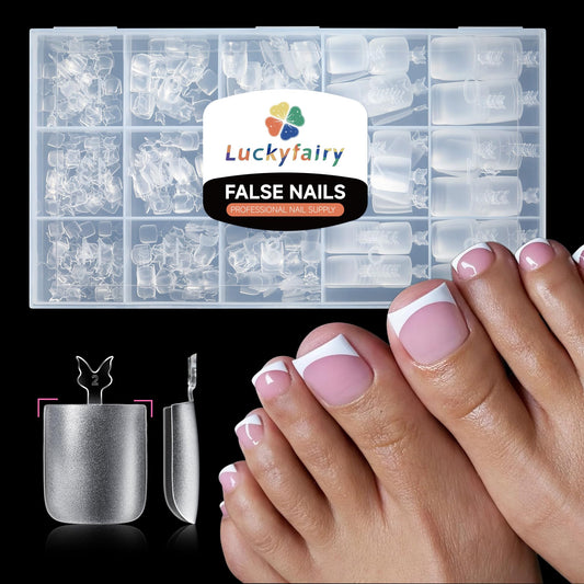 Square Toe Nail Press Ons French Style Toe Tips 240pcs Clear False Fake Toenails for Faster Toe Nail Extension Kit Home DIY Art Salon 15 Sizes Acrylic Nails, Luckyfairy
