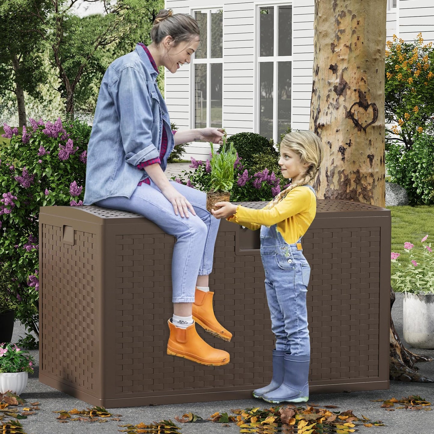 CABIHOME 120 Gallon Large Outdoor Deck Storage Box - Waterproof, Lockable Resin Organizer - Weatherproof Rattan Style for Patio Furniture, Garden Tools, Pool Accessories - With Side Handles, Brown