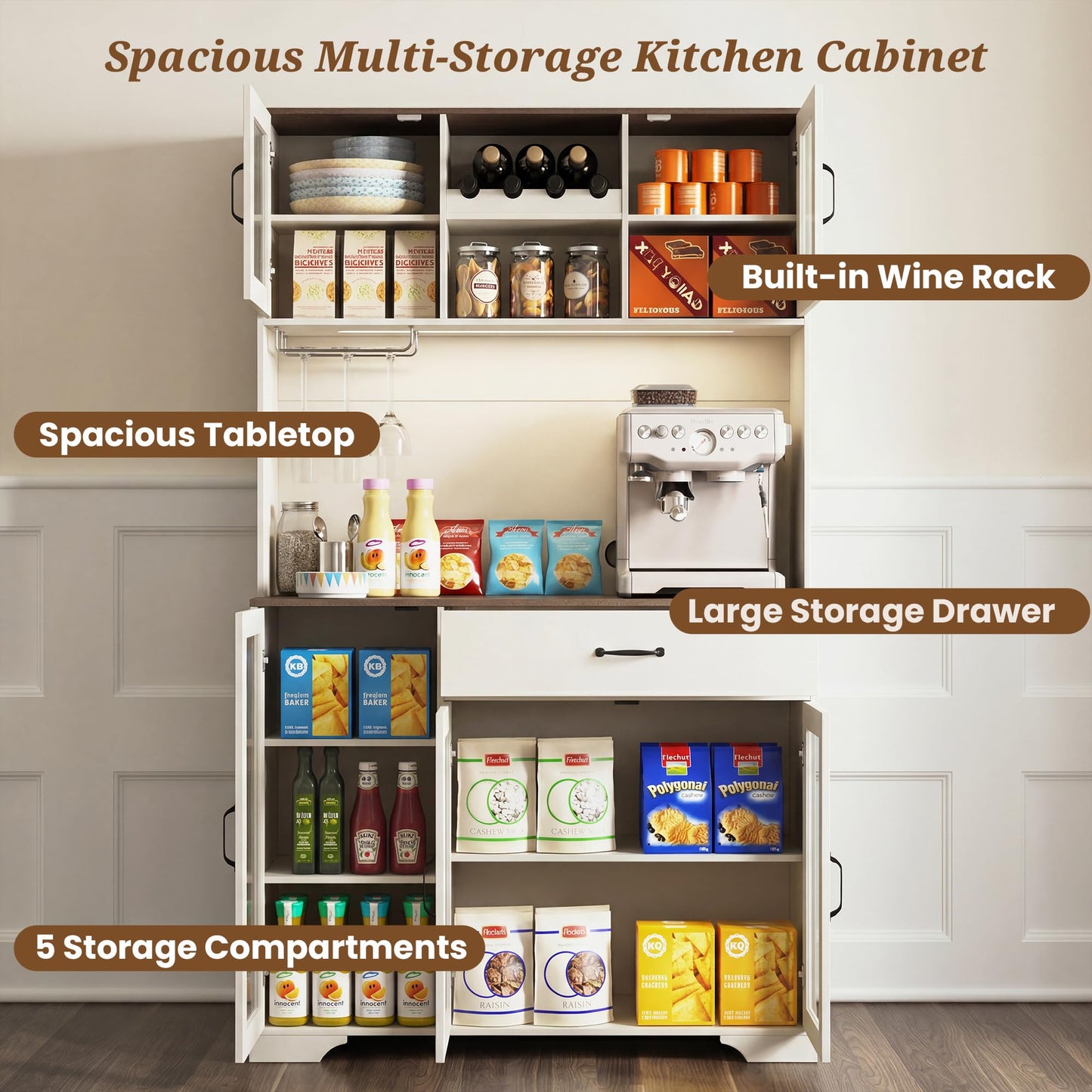 Hotmeily 71" Tall Pantry Cabinet with Charging Station, Kitchen Hutch with 3 Color LED Lights & Microwave Stand, Coffee Bar Cabinet with Large Storage Drawers for Dining Room, Living Room, White