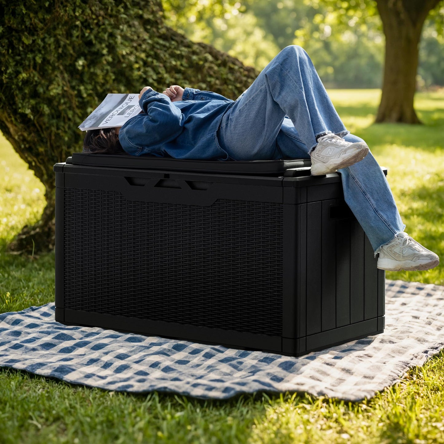 Greesum 100 Gallon Resin Deck Box Large Outdoor Storage Boxes with Cushions for Garden Tools, Patio Furniture Pillows, Pool Supplies, Black