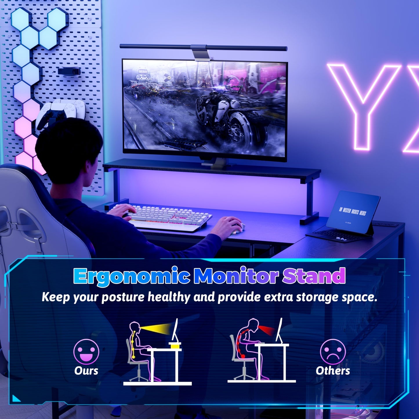 BORNOON Computer Desk, L Shaped Gaming Desk with Monitor Stand & Storage Shelf & LED Light & USB Power Outlet, Reversible Shelves Corner Table with Keyboard Tray for Gaming, Home Office, Study