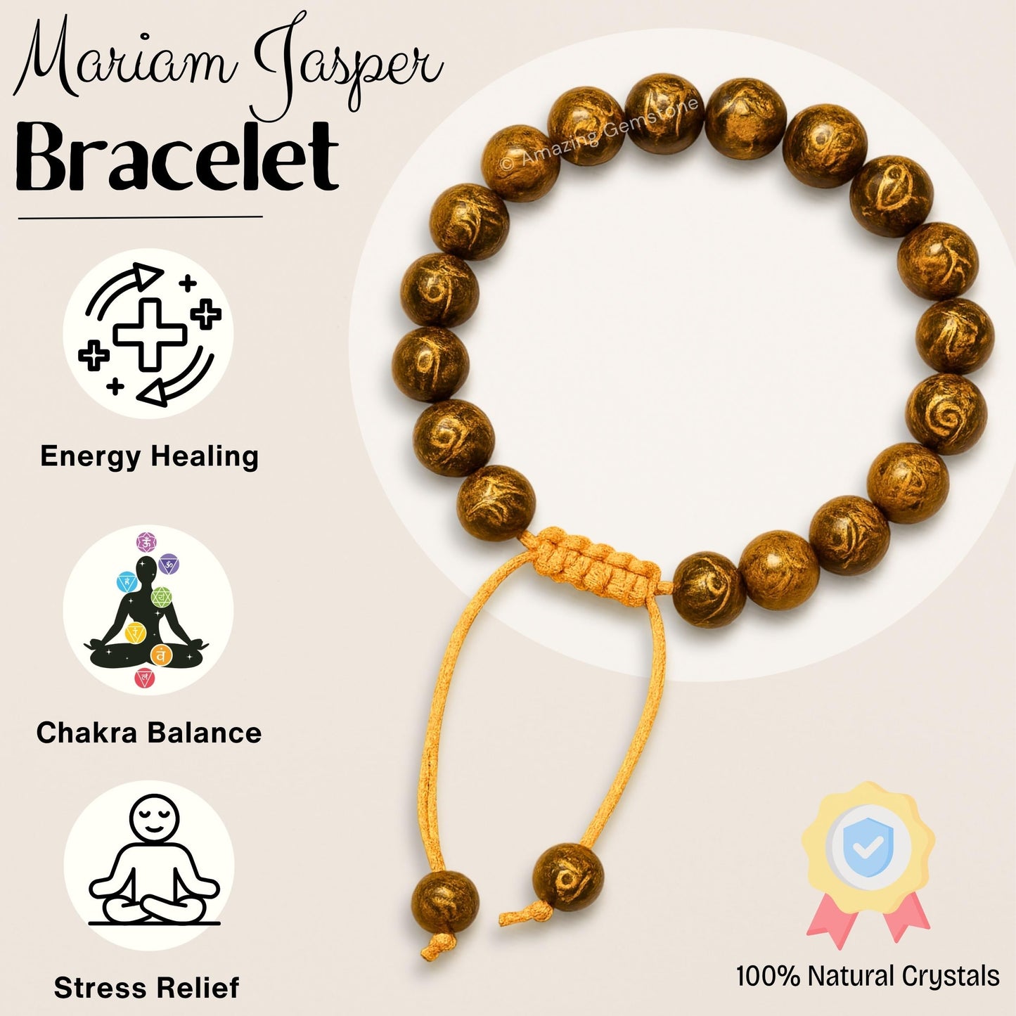 Amazing Gemstone Mariyam Jasper Bracelet for Women Men's Gifts - Protection Healing Crystal Bracelet - 8mm Gemstones Beaded Adjustable Bracelet Pulseras Para Hombres Mujer Stocking Stuffers
