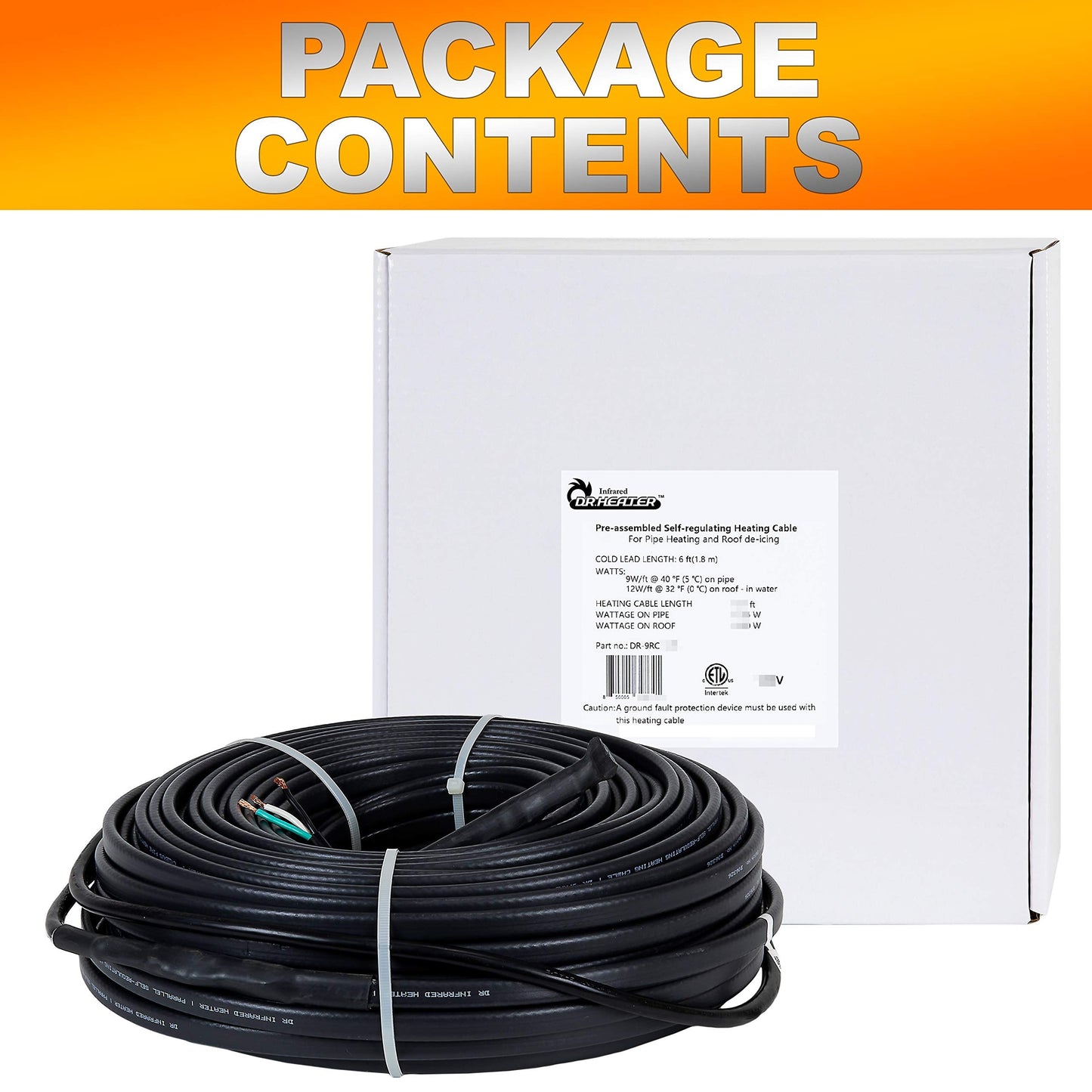Dr Infrared Heater DR-9RC1100 Heating Cables for Pipes and Roof De-Icing, Self-Regulating with Built-in Thermostat, 120V, 12W/ft, 1200W, 100FT