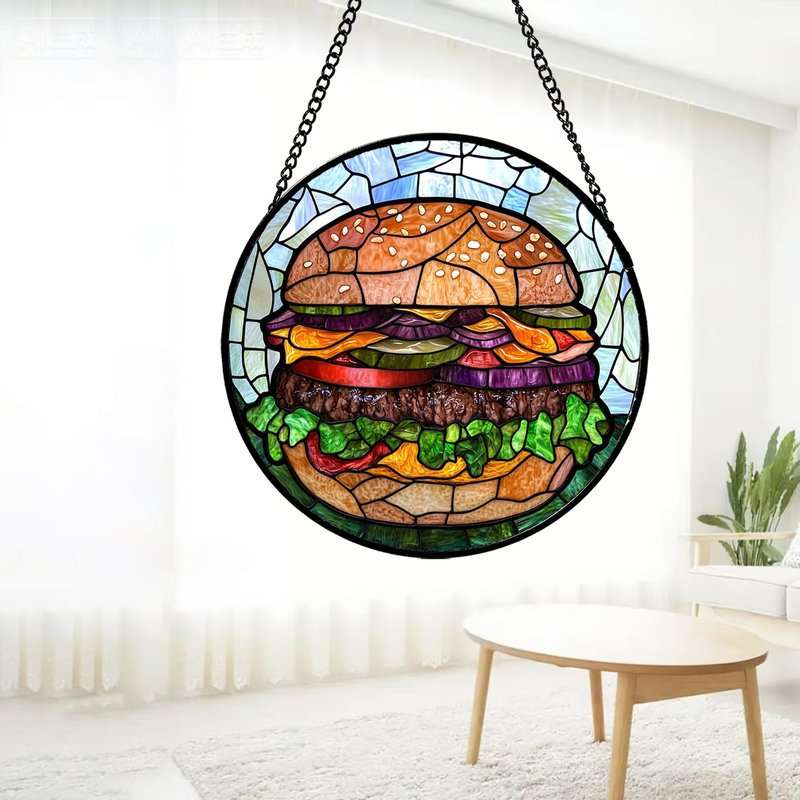 QZQCBLC Stained Glass Window Hanging Beef Burger 6.3" - Suncatcher Door Garden Kitchen Sun Catcher Decor Birthday Christmas for Mom Woman Nana Friend Men Kids