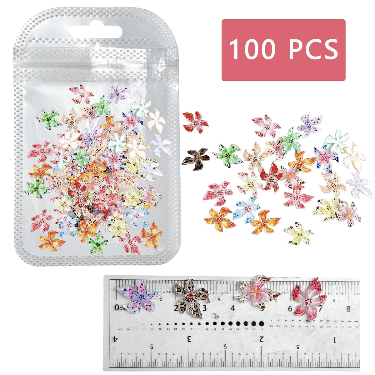 100PCS Hibiscus Flower Nail Art Charms 3D Hawaii Flowers Rhinestones Mixed Colorful Floral Diamonds Spring Summer Nail Jewelry Tiny Flowers Nail Design for Women Manicure Supplies