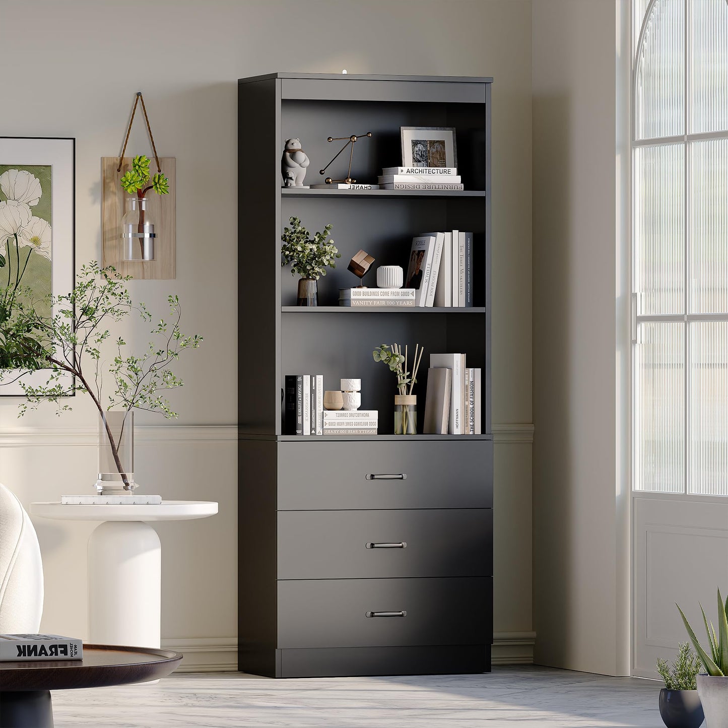 OneBlis 70" H Black Bookshelf with Drawers, Tall Bookcase with 3-Tier Open Shelves, Bookshelf and Bookcase with Storage Cabinet for Home Office,Living Room(Black,6-Tier)