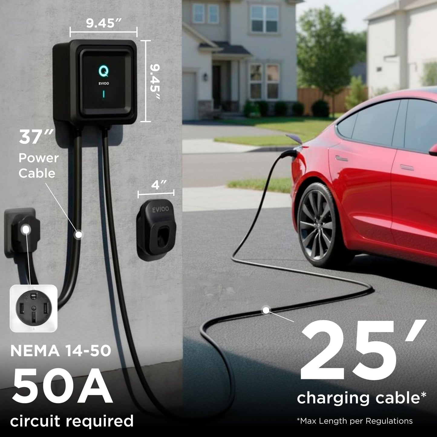 EVIQO Level 2 EV Charger, 40-48 Amp, J1772 for Non-Tesla EVs, 25ft Cable, WiFi (2.4GHz) Smart App, Weatherproof Indoor/Outdoor (IP66, NEMA 4), UL & ETL Certified, Hardwired 240V, 11.5kW