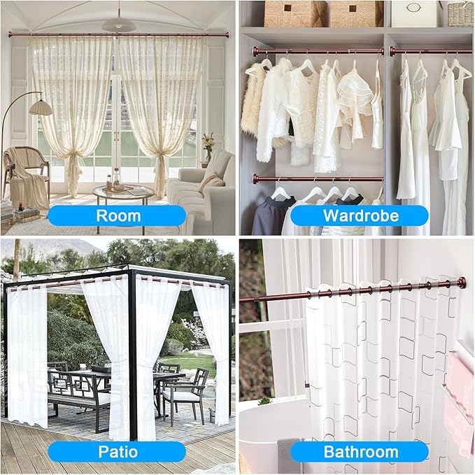 TEECK Shower Curtain Rod, 32-68 inch Adjustable Spring Tension Curtain Rod, Never Rust Anti-Slip Shower Curtain Rod for Bathroom, No Drilling, Never Collapse, Easy to Use, Brown