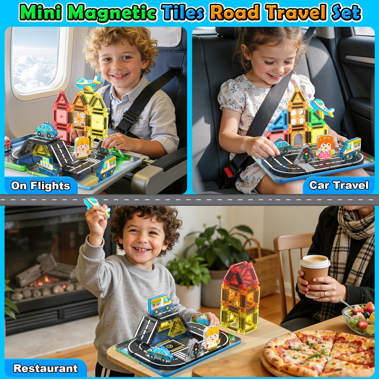 IGIVI Mini Magnetic Tiles Road Travel Essentials Set — Portable STEM Sensory Magnetic Building Blocks for Toddlers & Preschool, Compact Travel Toys for 3+ Boys & Girls, Easter Birthday Gift