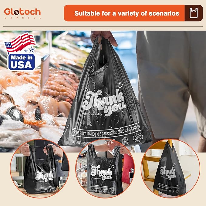 Glotoch 5000 (5K) Count Plastic Thank You T-shirt Bags Black, 11.5 x 6.5 x 21" Grocery Shopping Bags with Handles for Restaurant, Retail, Togo, Takeout, Convenience Stores, in Bulk for Small Business