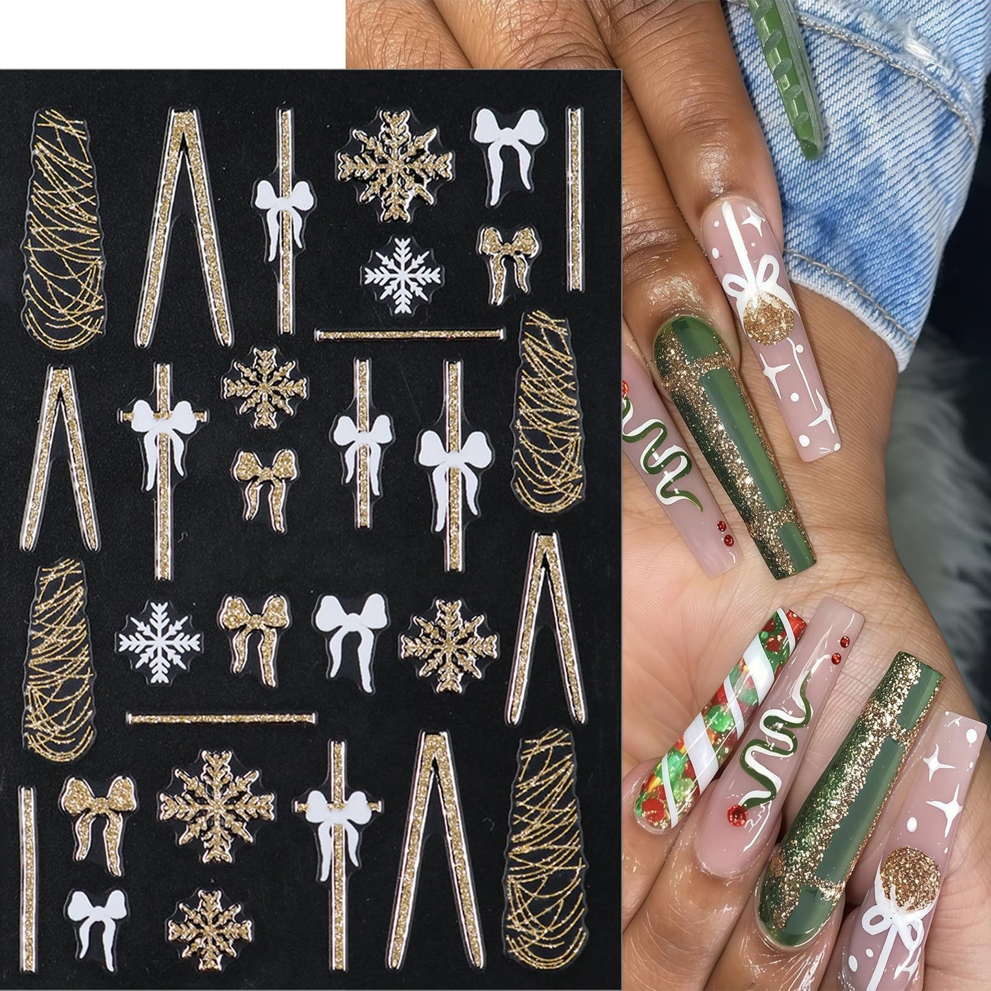 6 Sheets Christmas Snowflake Nail Stickers Bow French Nail Art Stickers Gold Glitter Line Bow 3D Self Adhesive Nail Decals Gold White Snowflake Nail Supplies Nail Decoration for Women DIY Manicure