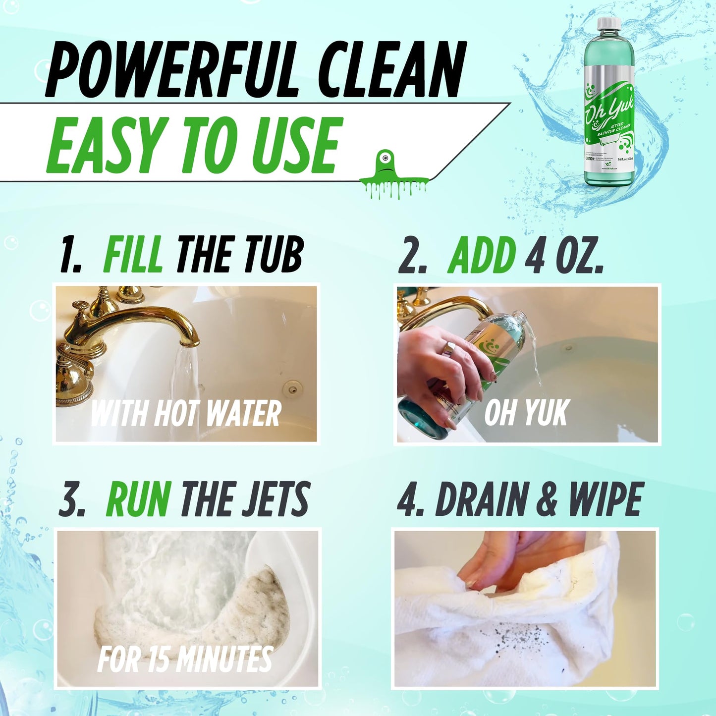 Oh Yuk Jetted Bathtub Cleaner for Jet Tubs, Whirlpools, The Most Effective Jetted Tub Cleaner, Septic Safe | Two 16 Ounce Bottles!