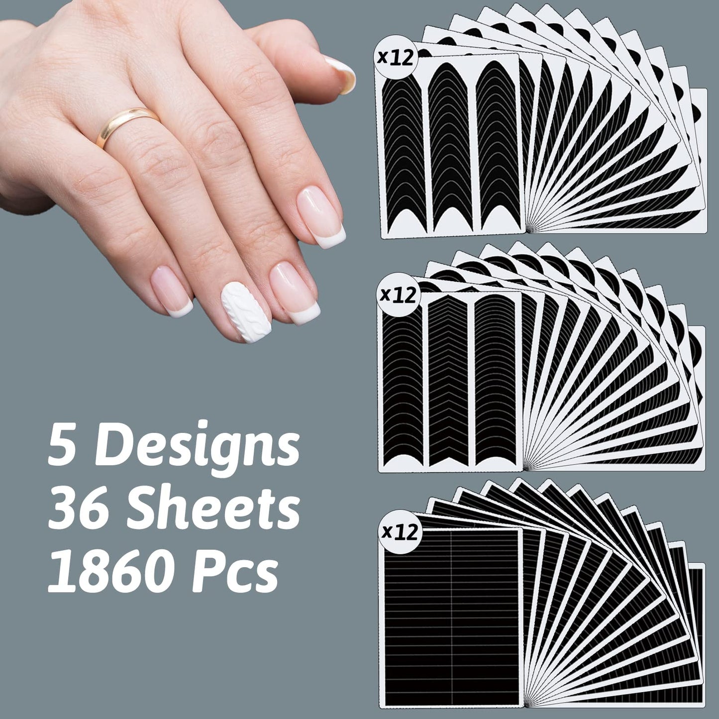 36 Sheets 1860 Pcs French Tip Nail Guides, Self-Adhesive French V-Shaped Moon Shaped Manicure Strip Stickers for Edge Auxiliary Black DIY Decoration Stencil Tools