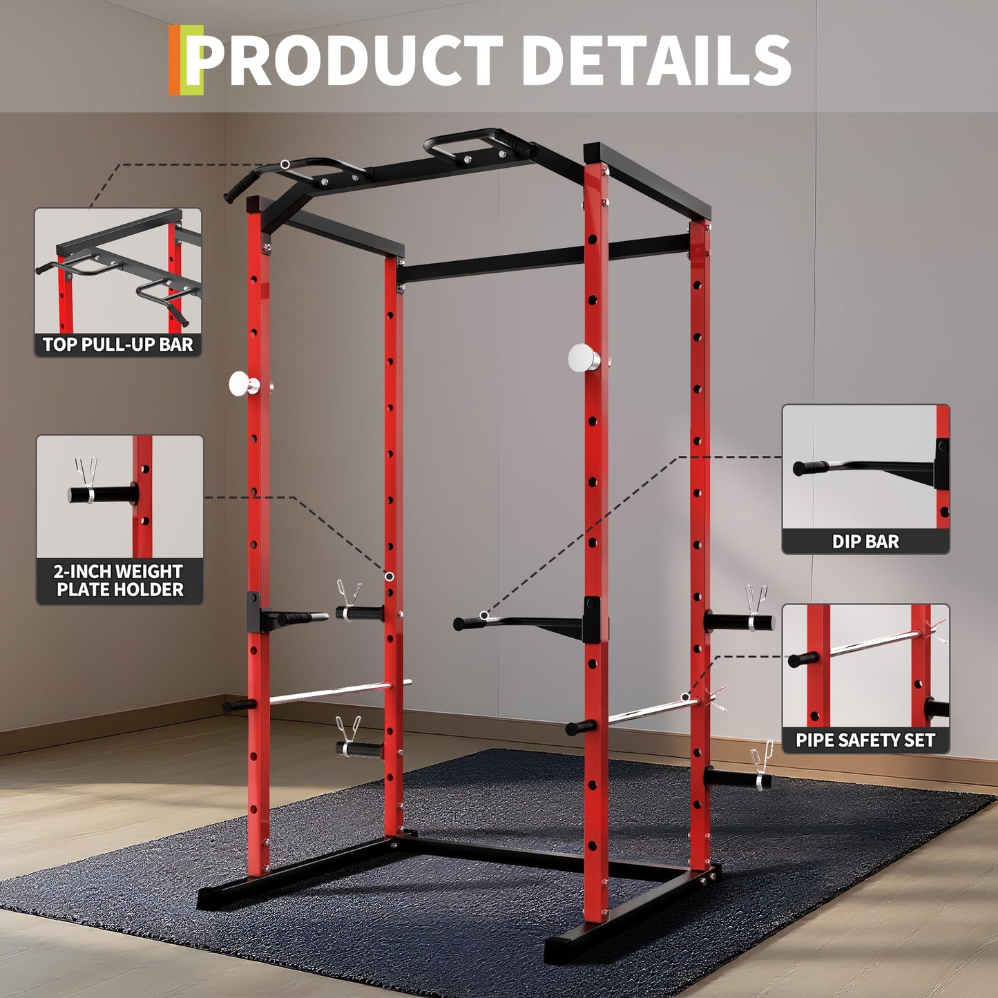 ActiveTrail Heavy-Duty Power Cage with Pull-Up Bar, 1100LB Capacity Squat Rack for Home Gym Strength Training with Adjustable j-Hooks & Safety Bars