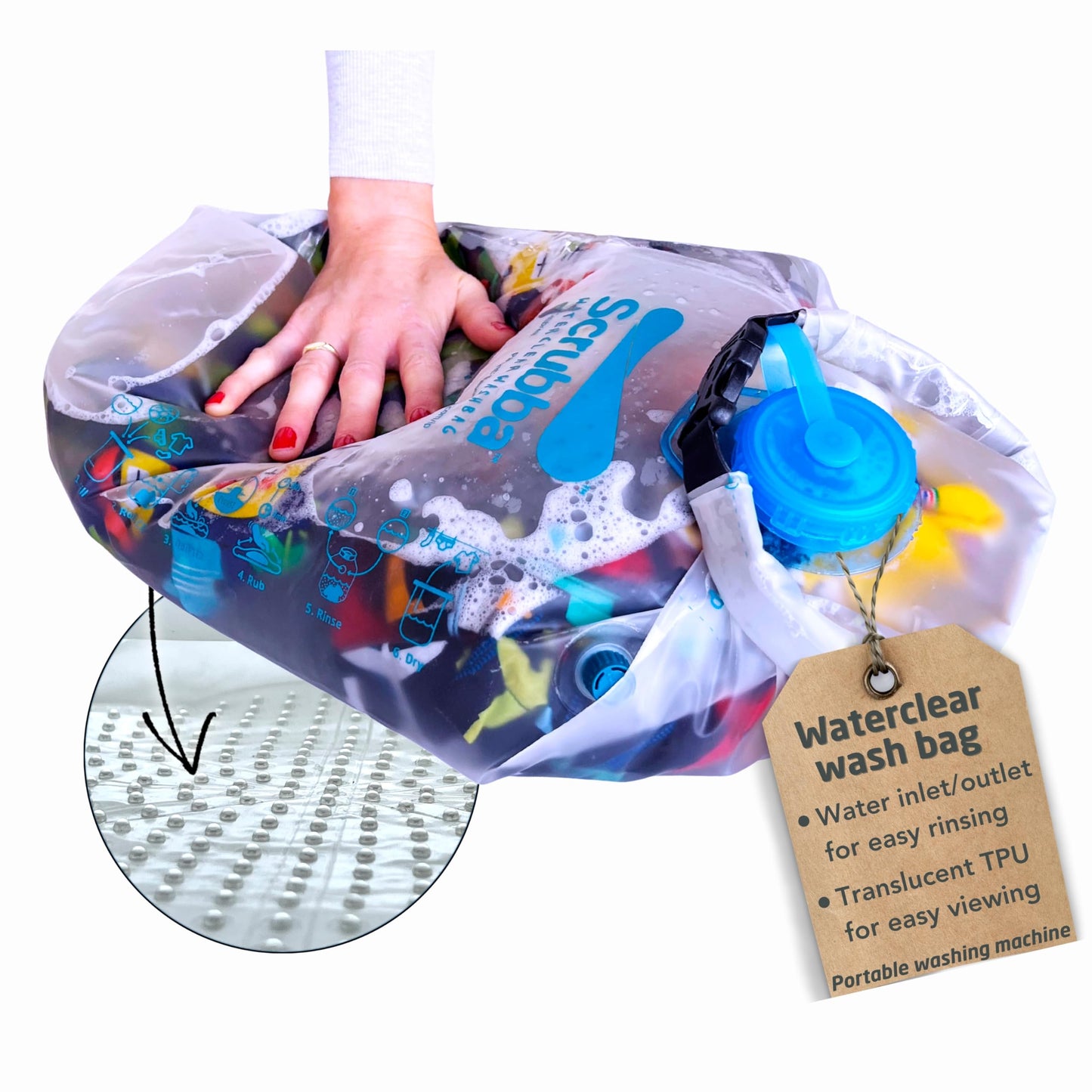 Scrubba Waterclear Wash Bag Portable Washing Machine - New Water Inlet/Outlet for easy rinsing - Manual Portable Washer for Travel, Camping, Laundry, Baby Clothes - Travel Essentials, Gift - 6.9 oz