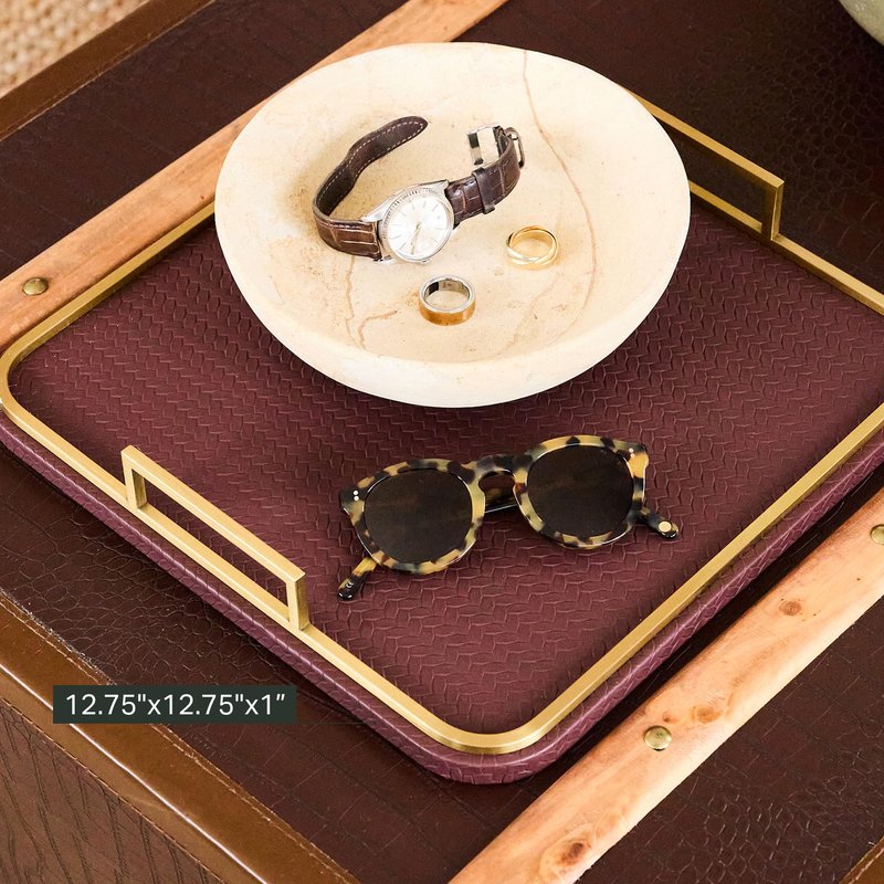 Preston Lane Mayfair Decorative Tray – Vegan Leather with Woven Texture, Brushed Brass Handles – Serving, Dresser & Coffee Table Tray, Espresso 12.8 x 12.8 x 1
