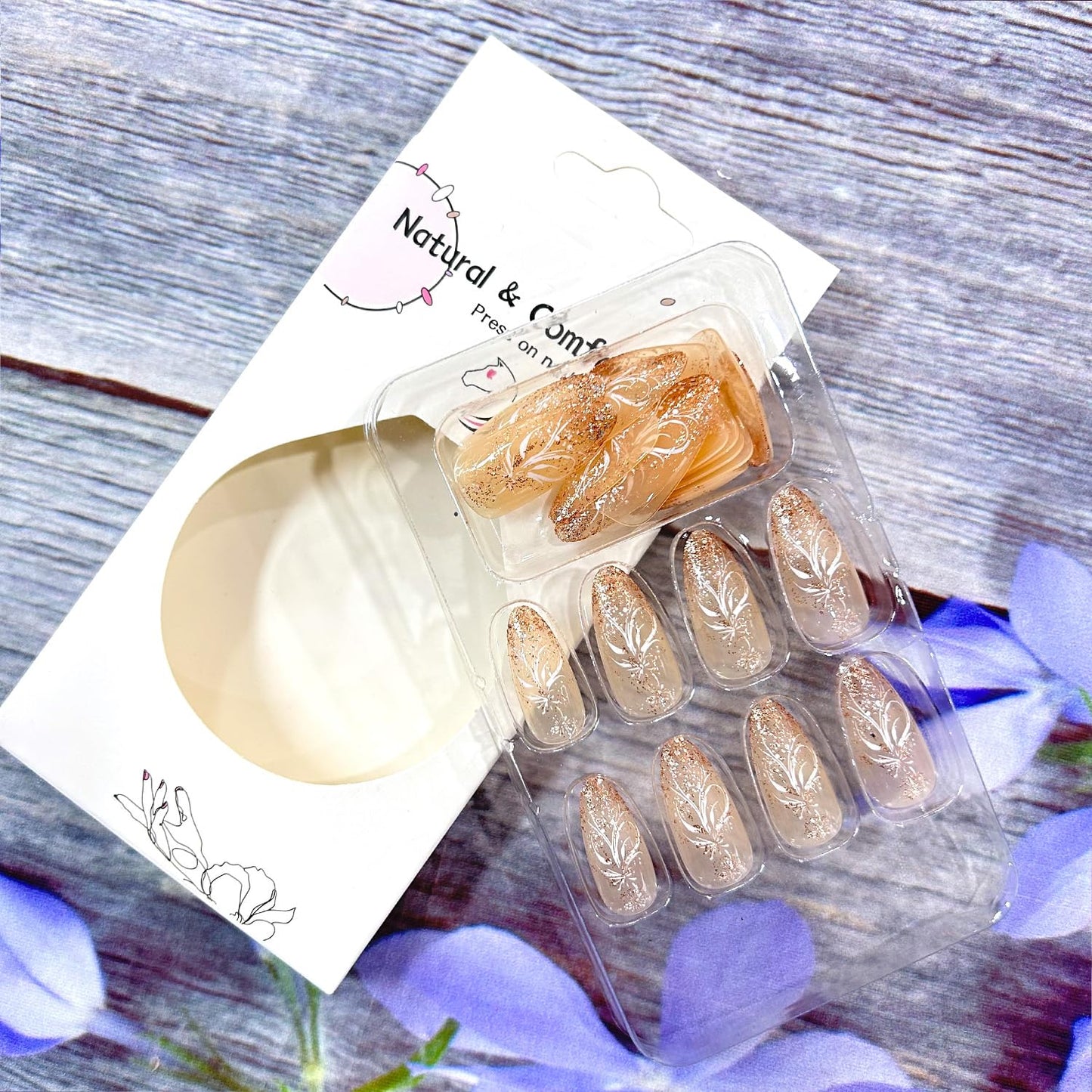 CJDLTS Press on Nails Medium Almond Shaped Flower False Nails Glitter Powder Design Full Cover Nude Stick on Nail Artificial Acrylic Press Ons French Tip Glue on Nail for Women Manicure Art 24Pcs