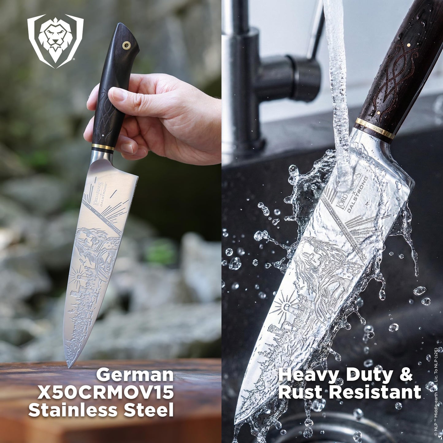 Dalstrong Chef Knife - 8 inch - Lord of the Rings™ Edition - Official Licensed Collection - Humans Aragorn - Premium German X50CRMOV15 Steel - Ebony Wood Handle - Leather Sheath