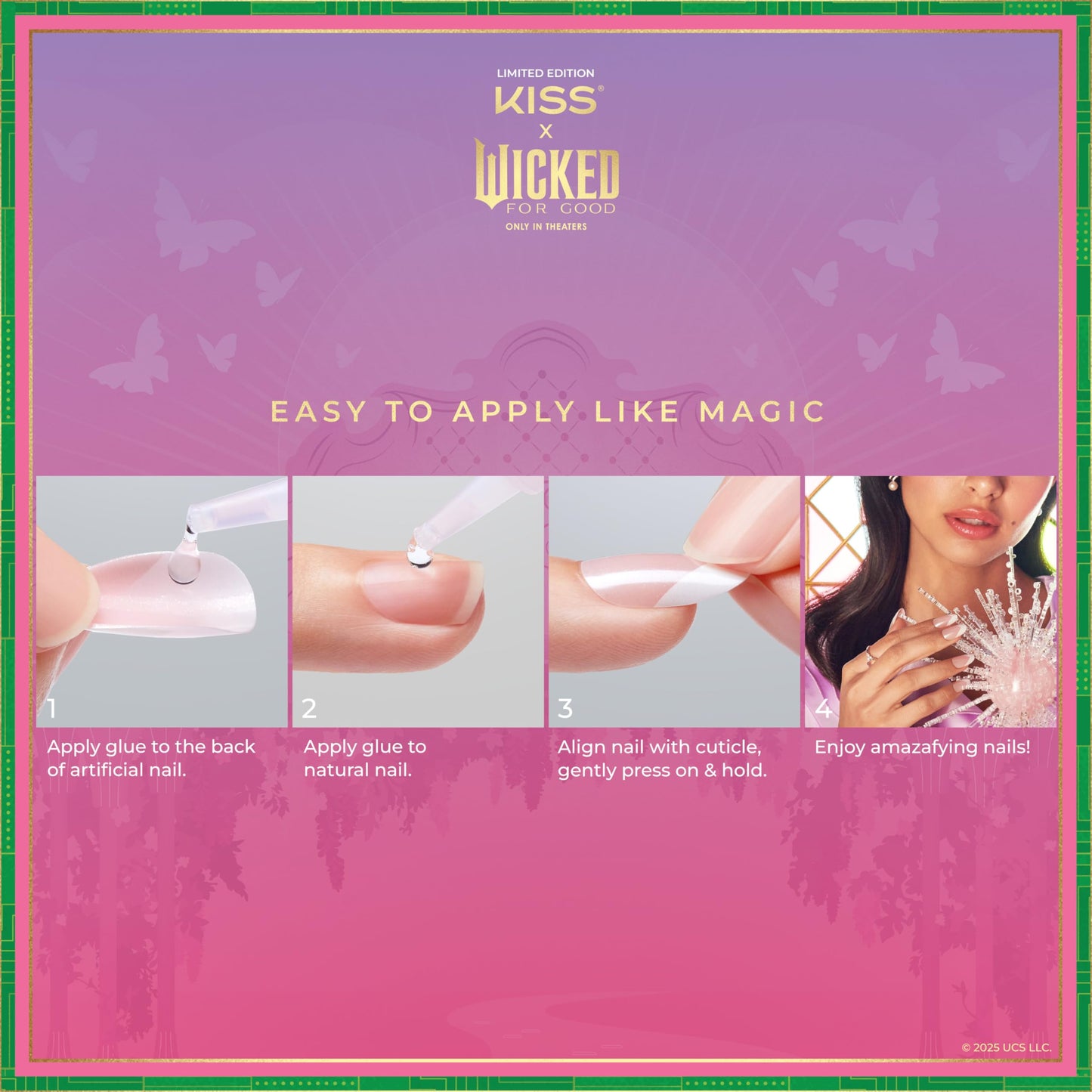 KISS X WICKED: FOR GOOD Press On Nails, ‘Bubble Of Brilliance’, Purple, Medium Oval, Waterproof, Chip Proof, Smudge Proof, 28 Fake Nails, Pink Gel Nail Glue (2g), Mini Nail File, & Manicure Stick