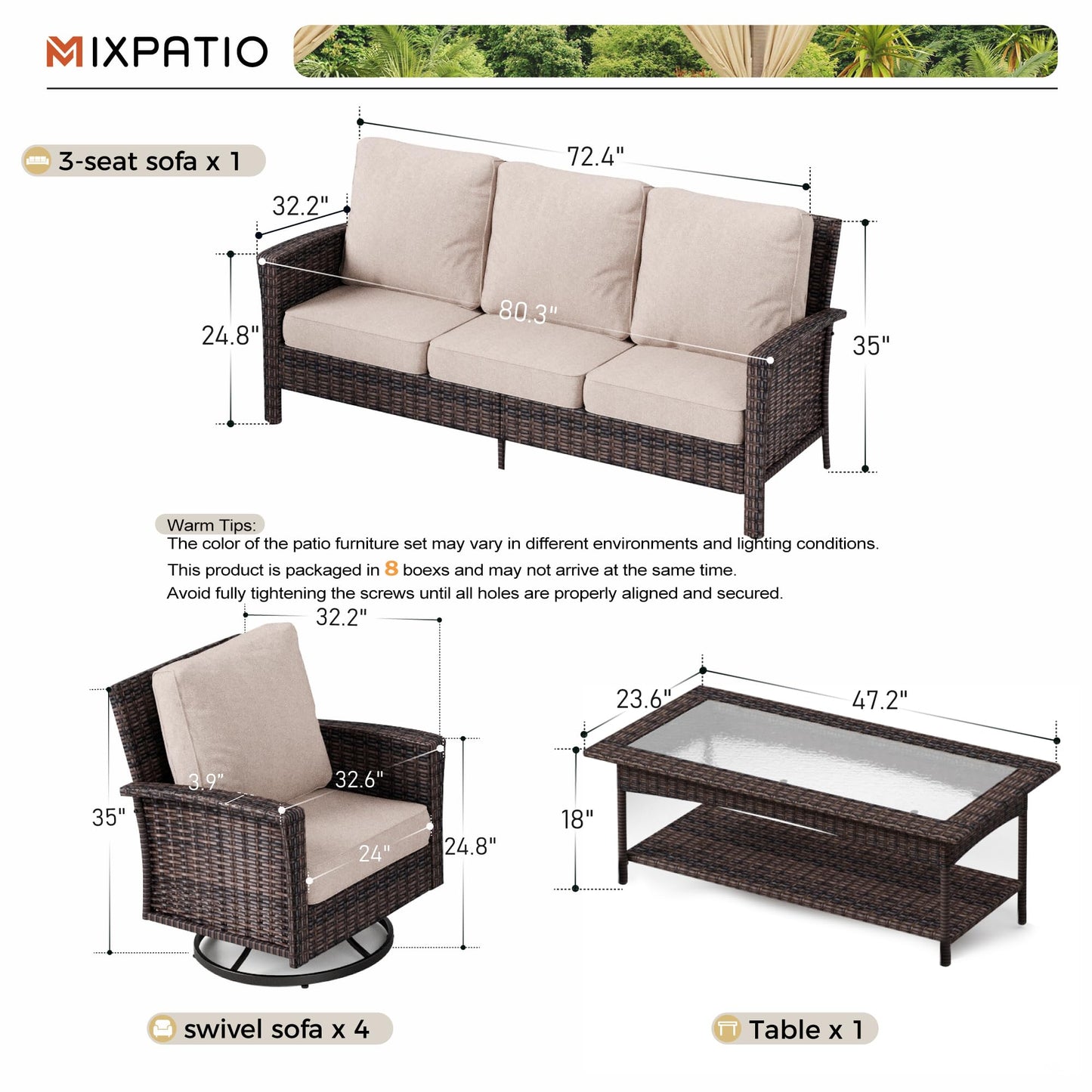 MIXPATIO 6-Piece Wicker Patio Furniture Set with Swivel Chairs, High Back Outdoor Sofa with 5.5-inch Thick Cushion, All-Weather Wicker Patio Conversation Set for Deck Yard Pool, Beige