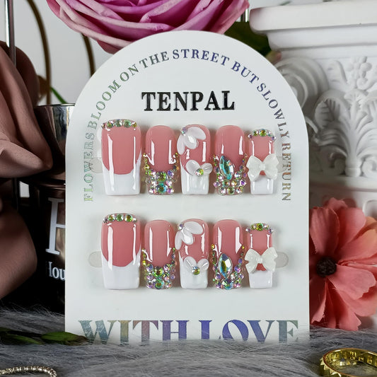 TENPAL Handmade Press on Nails Medium Long Square - Sheer Nude French Tip Fake Nails with 3D Floral, Full Cover Glitter 3D Bow Design False Nail Tips for Women Girls Daily Wear Parties Gifts(L)