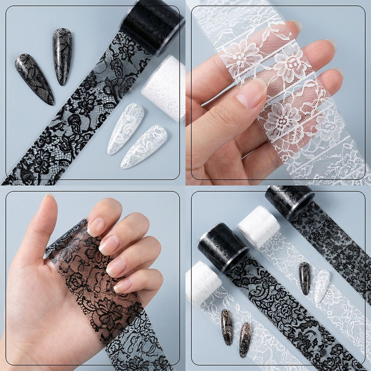 Aiuulu 40 Rolls Lace Nail Foil, Holographic Lace Transfer Foil Sheets for DIY Nails Art, 4 Boxes Black & White Transfer Stickers Flower Decals