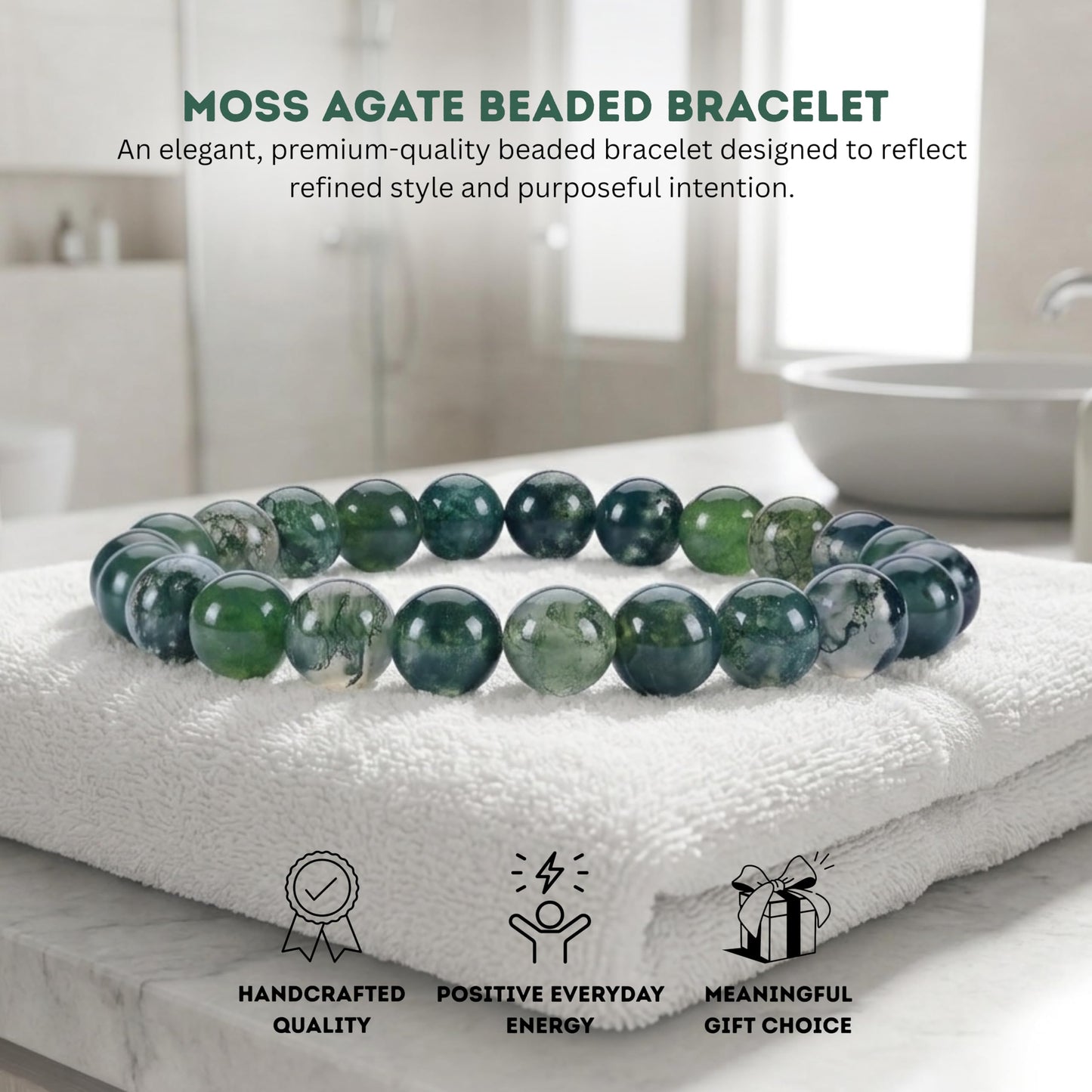Cherry Tree Collection Moss Agate Beaded Bracelet – Genuine 8mm Gemstone Stretch Bracelet for Men & Women – Handmade Crystal Bracelet - (Moss Agate - S)