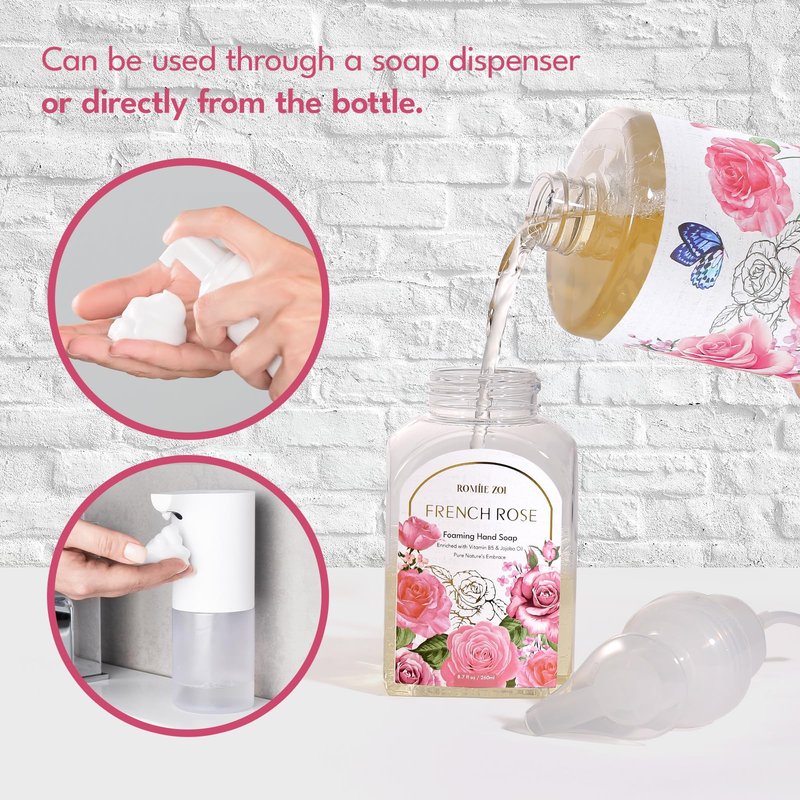 ROMIIE ZOI Rose Foaming Hand Soap Refill Gift Set – 3 Pack (33.8 Fl Oz Each) with Refillable Dispenser, Romantic Floral Scent, Moisturizing & Biodegradable for Bathroom, Kitchen, Sensitive Skin